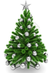 反思圣诞树上装饰着银的圣诞球和明星孤立在白色3D铸造快乐的金属背景图片
