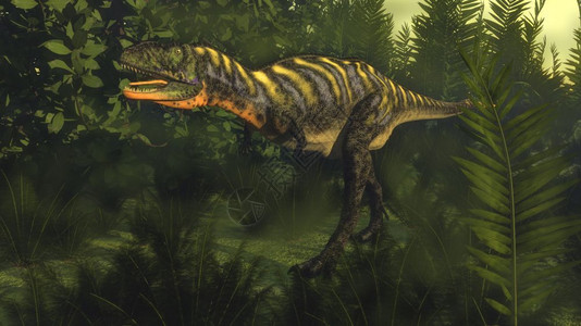 奥卡龙史前木星恐龙行走在兰和尼帕植物之间3D化成木松恐龙3D化成木薯恐龙天空白垩纪设计图片