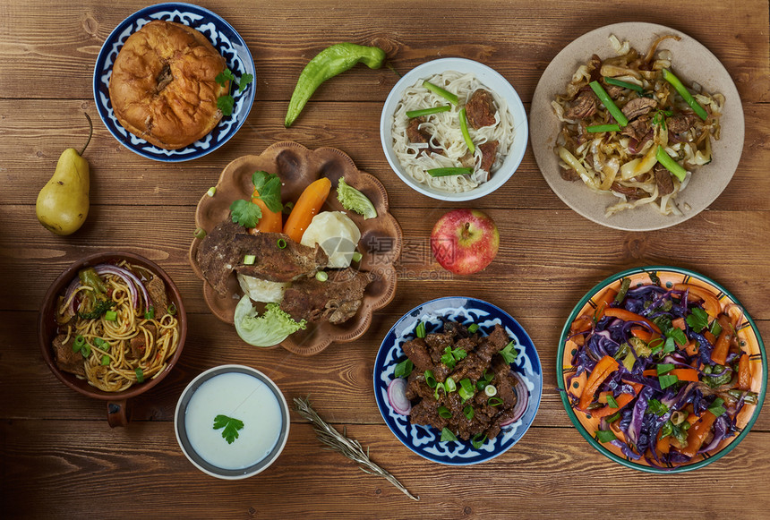 蒙古烹饪亚洲传统各种菜类顶视图最佳食物菜肴图片