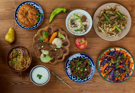 最佳简单的食物蒙古烹饪亚洲传统各种菜类顶视图高清图片