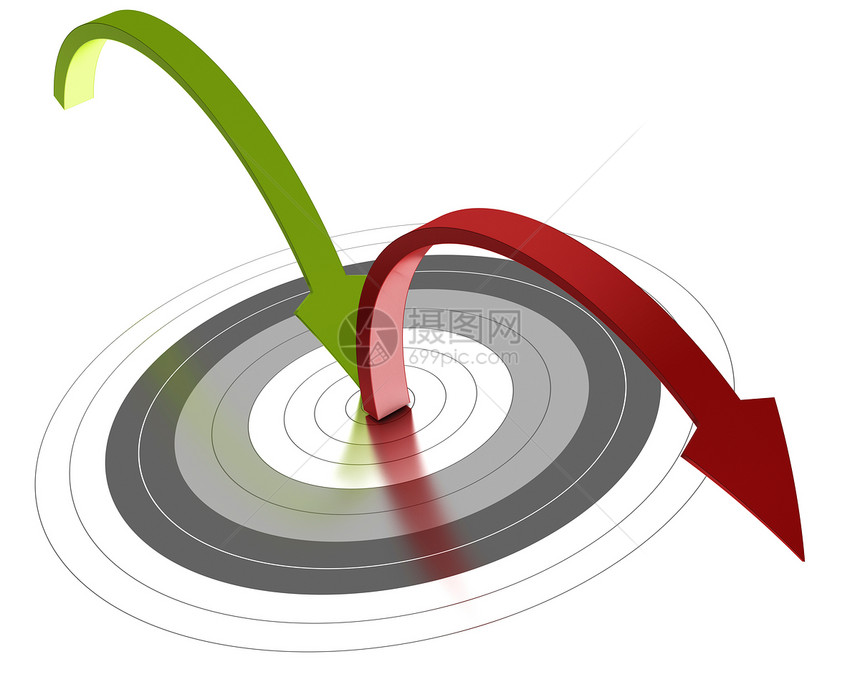 中央反射绘画到达灰色目标中心的绿箭头和从目标弹跳出来的红色箭头白背景跳出率网络营销图片