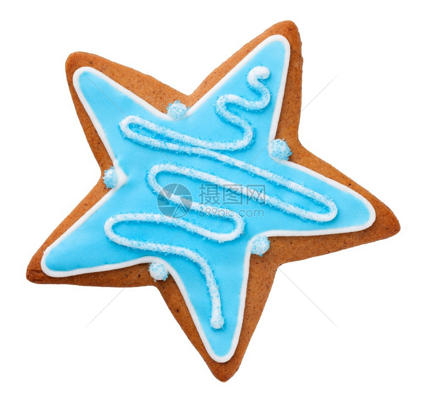 雪花蛋糕以恒星形状的姜面包饼干用于圣诞节白底隔离于装饰品图片