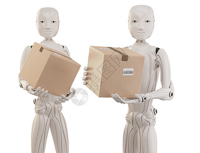 未来已至邮政船运人形带有包件工智能3d插图的机器人在白色上孤立设计图片