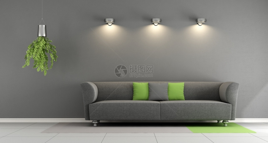 家优雅的当代灰色客厅墙上有沙发和聚光灯3D图片
