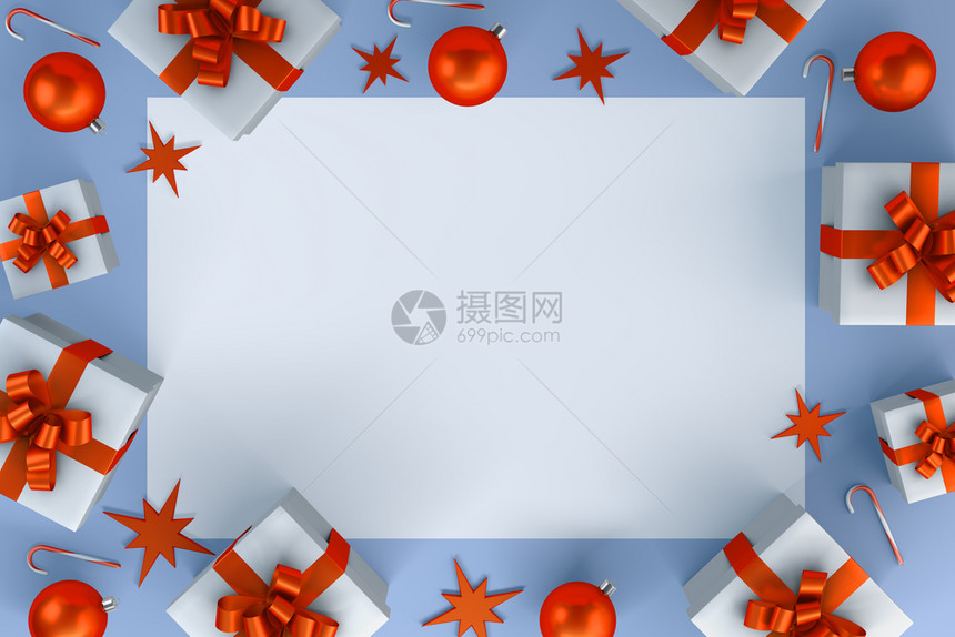 桌子装饰风格明信片贴有礼品盒和圣诞舞会照片的贺卡3d图片