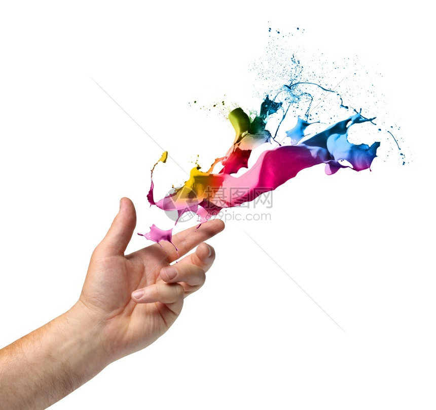 液体手工投掷彩色涂料的创意概念在白色创作概念中孤立地喷洒着彩画粉色的有创造力图片