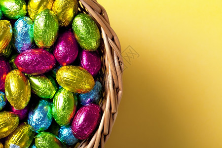 绿色复活节篮子黄纸背景的巧克力鸡蛋顶视镜假期收藏图片
