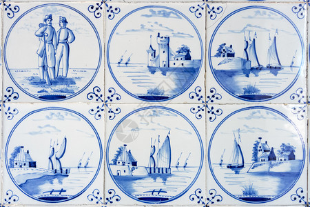 代尔夫特瓷砖荷兰语6个典型蓝色三角砖的图像背景
