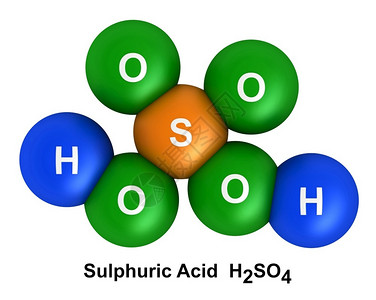 硫氧化物原子插图白色背景上分离的硫酸子结构3d成型以色状和化学符号表列为氢H蓝色氧化物绿色硫磺橙的代号象征设计图片