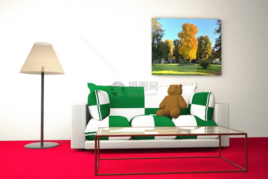 活的有沙发和泰迪熊的大厅地面平坦图片