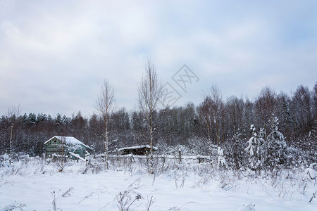 俄罗斯霜下雪的美丽冬季风景在寒冷的云天上废弃旧木制建筑图片