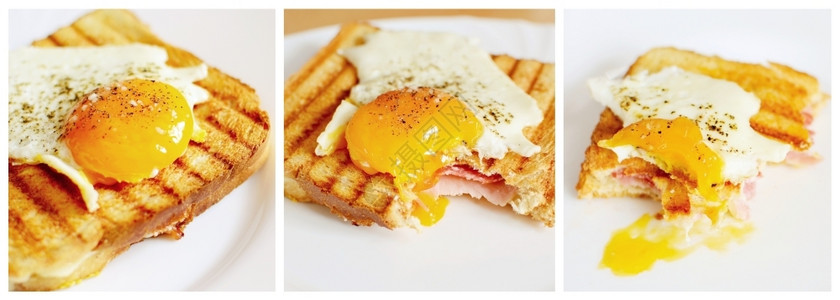 盘子早餐放Bitten火腿和奶酪烤面包的相片拼贴上面加煎蛋图片