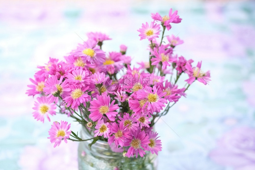 开花以模糊自然背景的玻璃花瓶盛着粉红色束野植物图片