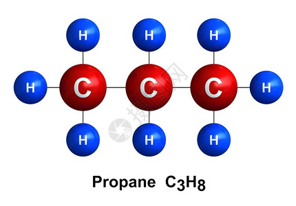 烷烃公式象征在白色背景上隔离的丙烷分子结构3d转化成Atoms作为有色和化学符号氢H蓝色碳C红编码的球体设计图片