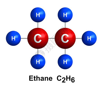 在白色背景上分离的乙烷子结构3d转化成Atoms代表为有色和化学符号的球体氢H蓝色碳C红化合物插图背景原子设计图片