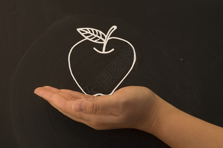 菅直人桌子在黑板上手握着一个苹果在黑板上水背景图片