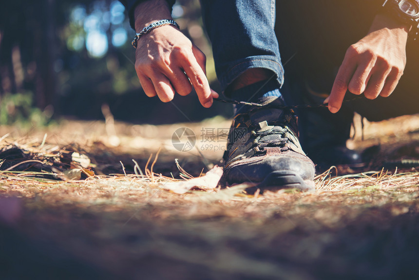 自然年轻远足者在度假后将鞋带系在上年轻远足者在森林中放假背包时将鞋带系在上背包客绿色图片