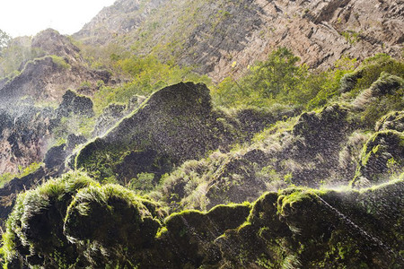 绿色在墨西哥恰帕斯州苏米德罗峡谷悬崖瀑布的绿草地上喷雾水滴图片