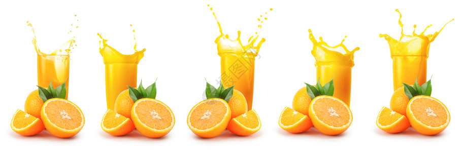 橙子和一杯汁在白色底收集物上隔离喷洒将橙子和杯汁加上喷洒喝健康鸡尾酒图片