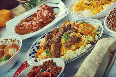 科夫塔传统的什锦阿富汗乌辛中亚各式传统菜盘顶视等背景图片