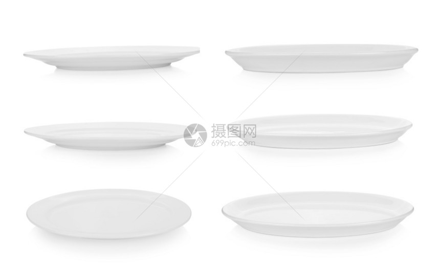 圆形的烹饪美食白色背景上分离的一套陶瓷板图片