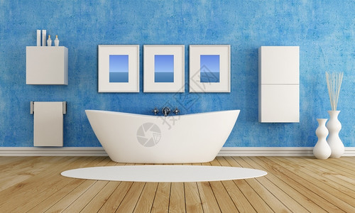 蓝色浴室和时尚缸房间卫生洗澡图片