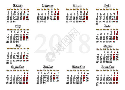 在等一年时间周一2018年日历在白色背景上文本位置为2018年在白色背景上中间文本位置为空下一年的日历密码插画