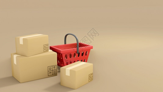 一篮子脐橙电子商务红色购物篮和浅褐背景3D包装箱说明网上购物和航运概念一在线购物和航运概念交货买设计图片