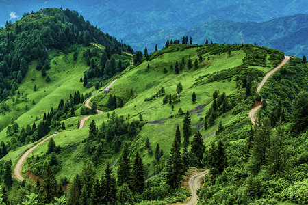 丰富多彩的土耳其不同绿色颜的山地和森林面积卡拉德尼兹岩石图片