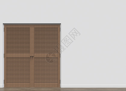 3d在灰色复制空间墙背景上打开棕色木壁橱门控制板灰色的内部背景图片