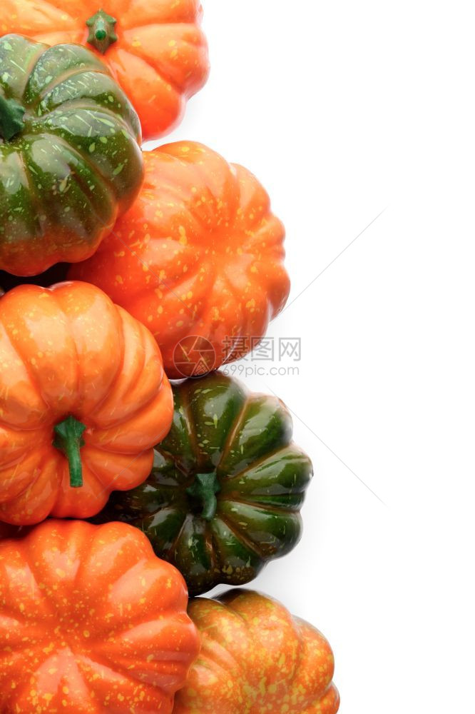 橙色和绿南瓜组近身镜头白背景季节设计要素橙色和绿南瓜组色放图片