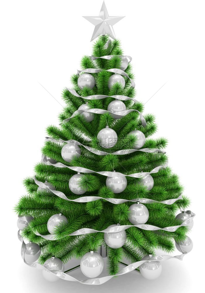前夕圣诞树装饰着白色圣诞球明星和丝带孤立在白色3D的铸造明亮胶带图片