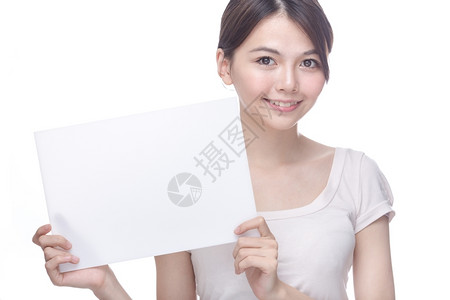 亚裔女人用白背景的手举起来人广告快乐的图片