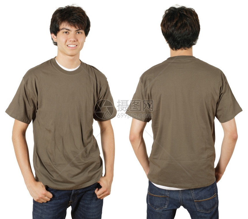 标识年轻男穿白胸栗T恤衫前后背准备设计或标志背部正面图片