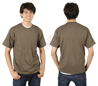 标识年轻男穿白胸栗T恤衫前后背准备设计或标志背部正面图片