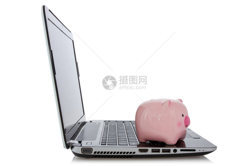 一种白背景坐在笔记本电脑上的猪头银行PigyBank投资小猪图片