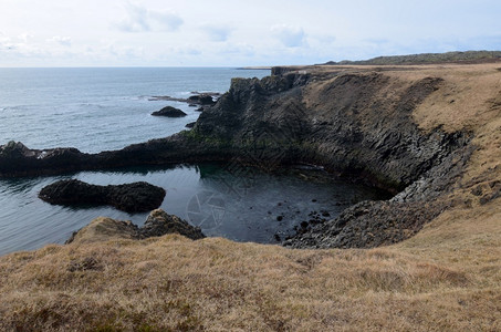 冰岛的半草黑岩层和冰海岸的景色观光风高清图片
