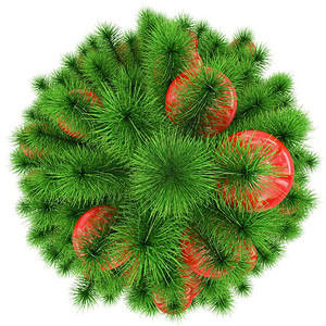 西红柿树圣诞树顶视图用红色圣诞球装饰白色隔离3D渲染最佳光滑美丽的设计图片