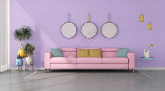 丹嫩沙多室内植物与粉红色现代沙发对着紫色墙壁的多彩客厅3D以粉红现代沙发为色彩多客厅人们极简主义者设计图片