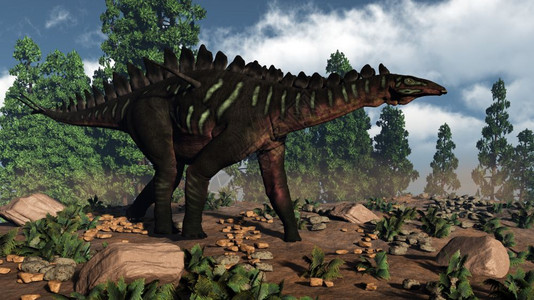 血管瘤靠近米拉盖亚灭绝Miragaia恐龙白天走近松树旁3D变成Miragaia恐龙3D设计图片