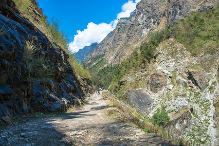 喜马拉雅山上一条路的旅游者在尼泊尔安纳普附近旅行风景优美岩石丽的图片