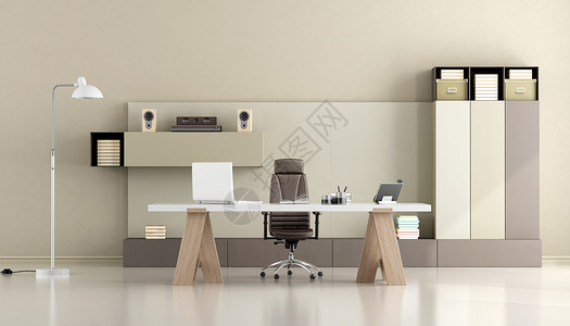 室内的书柜部配备桌和架的Minimalist现代办公室3D图片