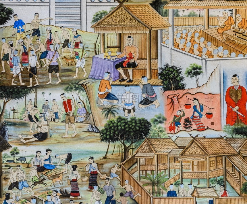 传统的过去在寺庙墙上生活过的泰国人民壁画神话图片