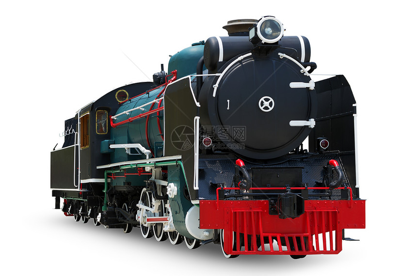 剪裁老的古蒸汽发动机列车与白色背景隔绝剪切路线与古代列车隔绝复的图片