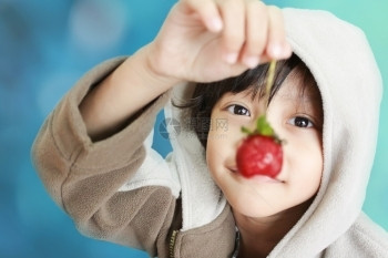 浆果可爱男孩用有选择焦点指针A将草莓握在鼻子前的肖像年轻行动图片