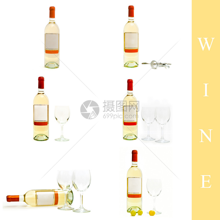 服务白色背景上不同葡萄酒图像集液体喝图片