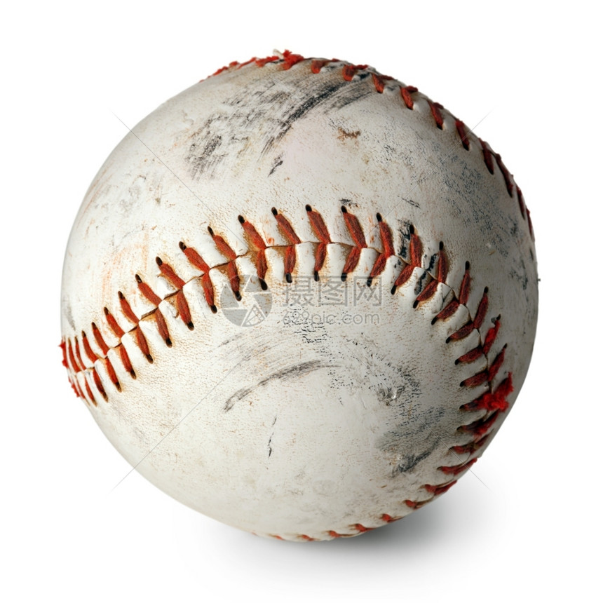 白色的照片来自一张旧棒球的照片上面有刮痕和破损地区以白色背景隔绝垃圾摇滚老的图片
