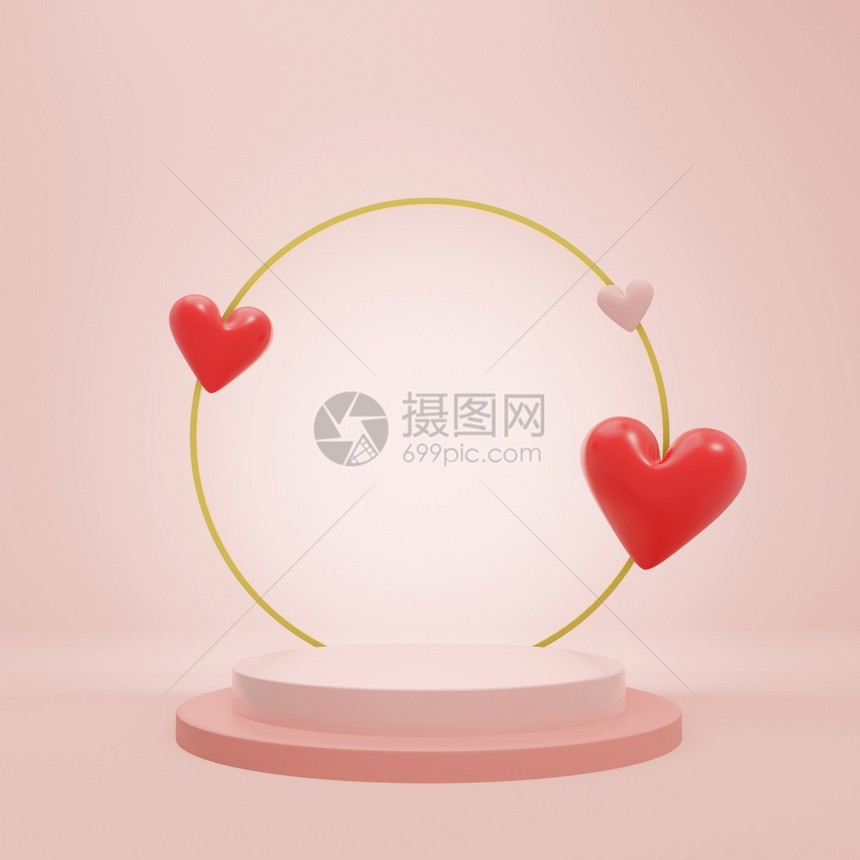 艺术在粉红背景的中间空白圆柱式讲台用于情人节主题3D投影中当前产品的粉色背景空图片