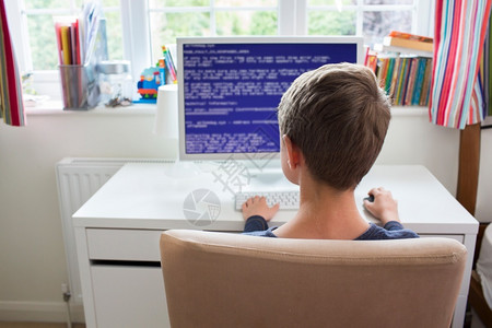 屏幕技术男卧室书写计算机代码中的青少年男孩图片