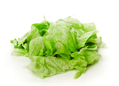 白色上隔离的新鲜绿色冰山沙拉食物叶子正面图片